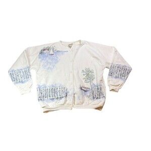 Artisans Maine Lighthouse Sweatshirt Women Size Large Cottage Button Up Cardigan